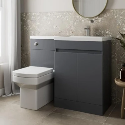 Image of Artis® Centro 1100mm Combination Vanity Unit Furniture Set, Wash Basin Bathroom Sink, BTW Toilet WC Pan &amp; Soft Close Seat, L Shaped Storage Cabinet, Right Hand, Grey Gloss
