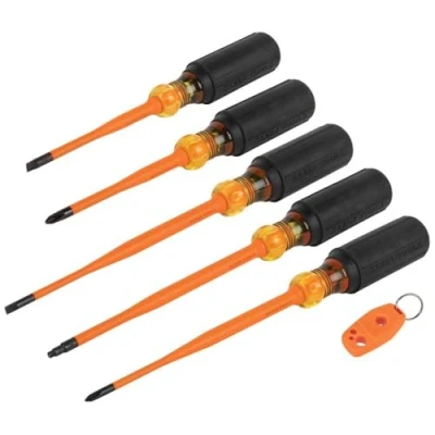 Image of Klein Tools 33736INS Insulated Screwdriver Set, 1000V Slim Tip Driver with Phillips, Cabinet and Square Bits a Magnetizer, 6 Piece