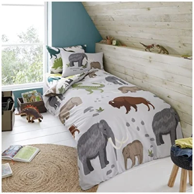 Image of GC GAVENO CAVAILIA Super Soft Kids Woolly Mammoth Bedding Single Bed Set, Luxurious Polycotton Animal Printed Quilt Cover, Grey