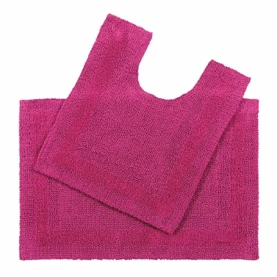 Image of HOMESCAPES Luxury 2 Piece Bath Mat Set 50 x 80 cm and 55 Cerise Pink 100% Cotton Bathroom Pedestal Machine washable Rugs in First Class Quality