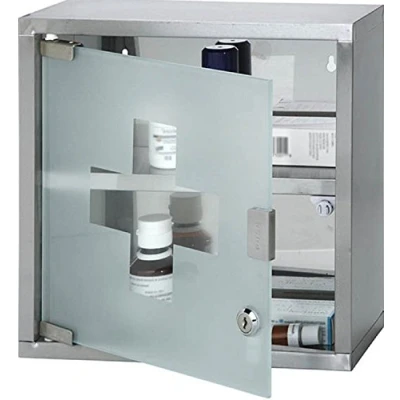 Image of Wall Mounted Lockable Stainless Steel Medicine Cabinet With 2 Shelves &amp; Frosted Glass Door (Approx. 30 x 12.5 30cm)