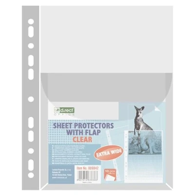 Image of D.RECT 10 Pieces Wide Punched Pockets A4 Plastic Sleeves with Flap PVC Polly 170 µm/mic/Micron Thickness: 0.17 mm Wallets A4, Crystal Clear