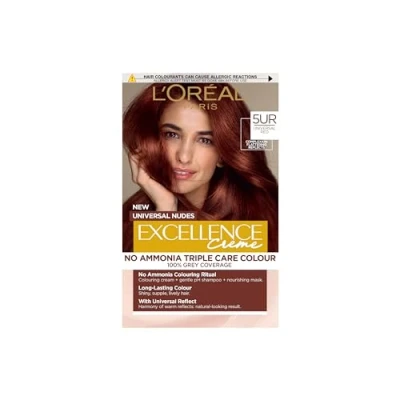 Image of L’Oréal Excellence Permanent Hair Dye Colouring Cream, 100% Grey Coverage, With Pro Keratin, Ammonia Free, Universal Nudes, 5UR Red