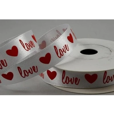 Image of White Satin Ribbon with red Printed Love an Hearts deign 15mm x 10m roll