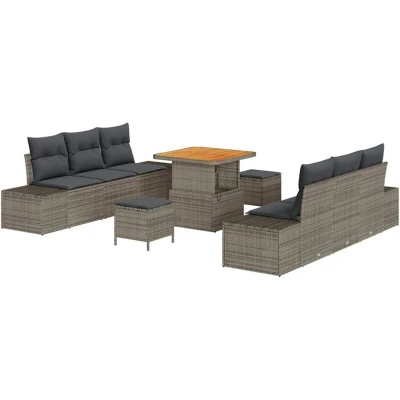 Image of vidaXL 9 Piece Garden Sofa Set with Cushions Grey Poly Rattan Acacia