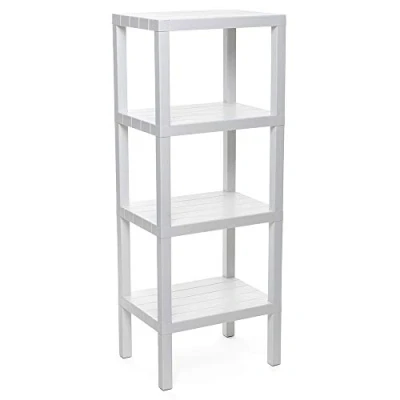 Image of Tatay Lombok Rectangular Shelf, 4 Heights, Polypropylene, BPA Free, Wood Effect Finish, Non Slip Stops, Max 10KG per Easy Assembly. Measures 38x29x100 cm. Color White