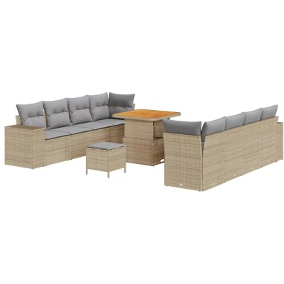 Image of vidaXL 11 Piece Garden Sofa Set with Cushions Beige Poly Rattan Acacia