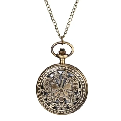Image of JewelryWe Vintage Butterfly Pocket Watch: Round Analog Quartz Watch Classic Pendant Necklace with Chain for Christmas