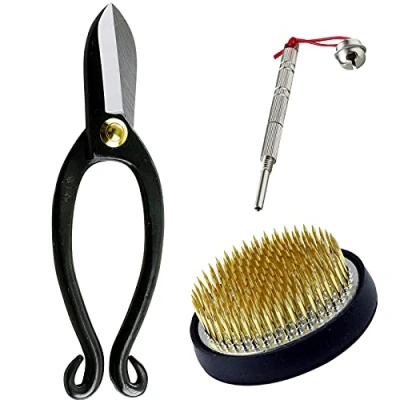 Image of Wazakura 3PCS Japanese Ikebana Essential Tool Set Made in Japan, Floral Arrangement Kit [ Ikenobo Scissors + 61mm Round Brass Kenzan Flower Pin Holder Care ]
