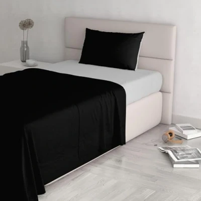 Image of Italian Bed Linen Natural Color Set (Flat 150x300, Fitted Sheet 90x200cm+Pillowcase 52x82cm), Petrol Bottle Green, 100% Cotton, Black/Light Gray, SINGLE