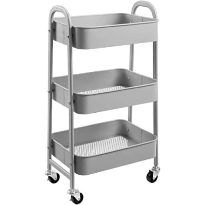 Image of DOEWORKS Trolley on Wheels Rolling Storage Cart 3 Tier Kitchen Beauty Metal Utility Shelves for Bedroom Makeup Bathroom Office, Grey
