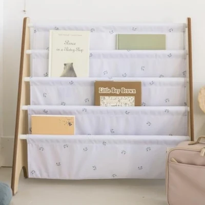 Image of 3 Sprouts Recycled Fabric Kids Bookshelf 4 Tier Sling Book Rack Storage Room Shelves, Nursery, Playroom, Classroom Bookcase Display Shelf for Toddler, Children Age 3+ Blueberry Mist