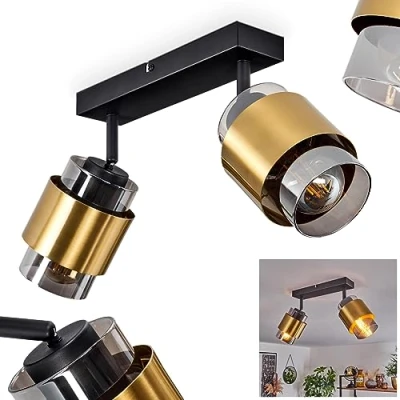 Image of Traak Ceiling Light, Modern Metal/Glass lamp in Black/Brass/Smoke, Retro/Vintage Light with Adjustable lampshades, 2 Flame, x E27, Bulbs not Included
