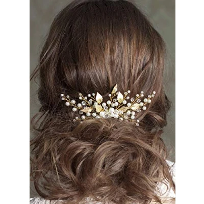 Image of BERYUAN Women Rhinestone Pearl Hair Comb Vine Gold Leaf Wedding Accessory Gift for Her Crystal Headpiece Party Headress Bride Bridesmaid Girls (gold)