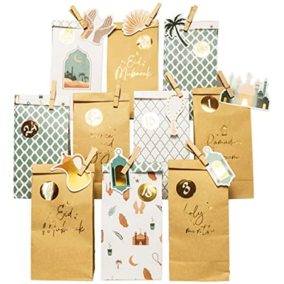 Image of Papierdrachen DIY Ramadan Calendar for Filling Children and Adults Printed Kraft Paper Bags in Mint Gold Standing Decorating Eid Mubarak Reusable Set of 5