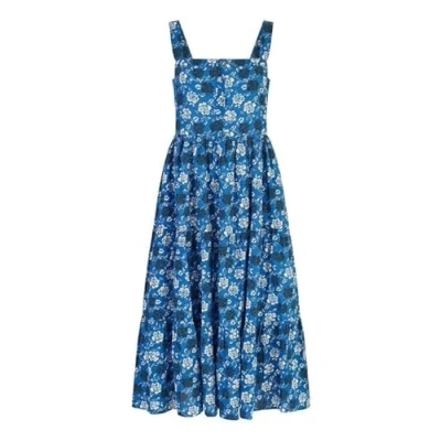 Image of Yumi Womens Blue Cotton Voile Floral Strappy Midi Sun Dress Size 10 UK