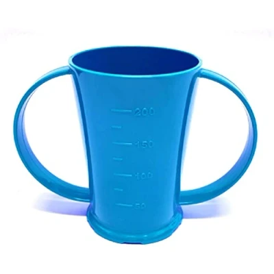 Image of NuHorizons Healthcare Products Blue Two Handled Graduated Beaker with Lid 200ml Adult Feeder Cup Drinking Aids (Narrow Spout, Pack of 1)