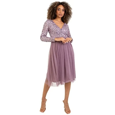 Image of Maya Deluxe Women&#039;s Ladies Wedding Guest Midi Dress Long Sleeve Plunging Neckline V Neck Sequin Embellished Graduation Bridesmaid, Moody Lilac, 14