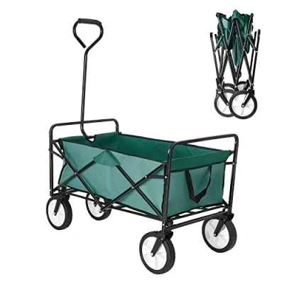 Image of Trintion Folding Camping Wagon Collapsible Garden Cart Heavy Duty Beach Trolley with Side Pocket Picnic Shopping Wagons (Green)