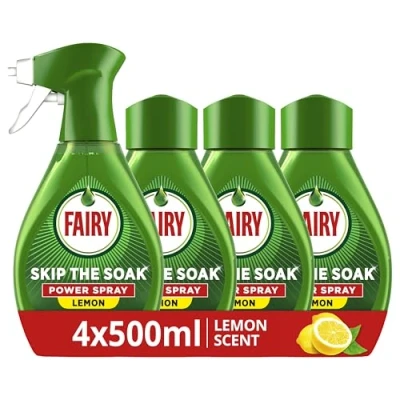 Image of Fairy Skip the Soak Dish Power Spray Refill Lemon 4x500ml, Pre Treatment For Dishes &amp; Kitchen, Effective On 100% Kitchen Grease, Anti Grease Remover, Degreaser Spray, Fast Effortless Clean
