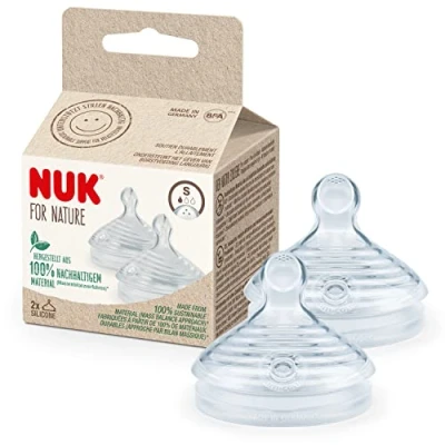 Image of NUK for Nature Replacement Baby Bottle Teats Medium 6 18 Months Breast Like Sustainable Silicone with Anti Colic Vent BPA Free 2 Count, Clear