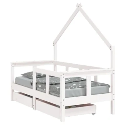 Image of vidaXL Kids Bed Frame with Drawers, Scandinavian Style House Shaped Bed, White Solid Pinewood, 70 x 140 cm, Low Ground Design for Easy Access