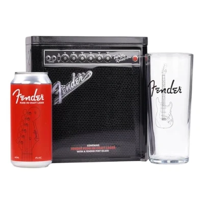 Image of Fender Plug in Craft Lager Beer, 440ml, with Pint Glass Tin