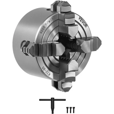 Image of VEVOR 4 Jaw Lathe Chuck, 3 Inch (80 mm), Self Centering 0.1 3.15 in (5 80 mm) Clamping Range with T key Fixing Screws Reversible Jaws, HT300