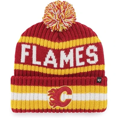 Image of 47 NHL Unisex Adult Team Color Officially Licensed Primary Logo Bering Sport Knit Cuffed Pom Beanie Cold Weather Hat, Clagary Flames Red, One size