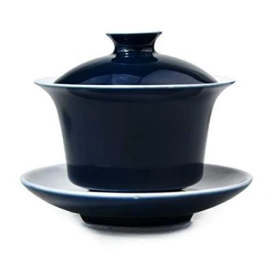 Image of Liang baobao Porcelain Gaiwan 5oz/150ml Teacup White Glazed Tea Cup Tureen Chinese Sancai Cover Bowl Lid Saucer Set (Blue)
