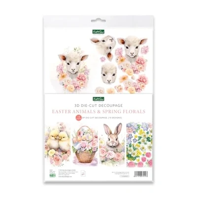 Image of Katy Sue Designs Easter Animals &amp; Spring Florals Die Cut Decoupage Sheets. A Pack of 12 Sheets Cuts for Card Making Supplies with Lambs, Chicks, Bunnies, Flowers
