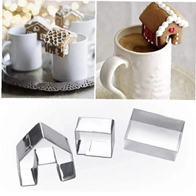 Image of AMOYER 3 Pcs Cookie Mould Cute Baking Accessories Stainless Steel Christmas Gingerbread Mold Biscuit Cutter Set Mini House Shape