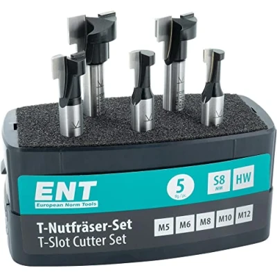Image of ENT 09055 5 Piece T Slot Router bits M5, M6, M8, M10 and M12 Cutter, 8mm Shaft, in Hard Metal, for hex Bolts Screws with Metric Thread