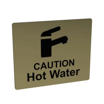 Image of Caution Hot Water Tap Sink Sign with Adhesive Sticker Backing, Metallic Gold Engraved Black Universal Icon Symbol and Text. Self Safety Signs. (Size 12 cm x 10 cm)