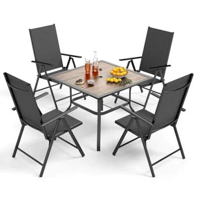 Image of PHIVILLA 4 Seater Garden Dining Table and Chairs Set Patio Furniture Metal Aluminum Recliner Chair Black (Brown)