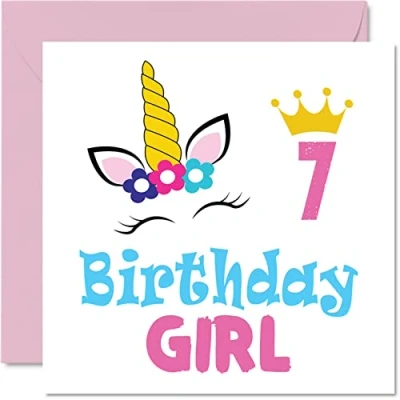 Image of 7th Birthday Card Girl Unicorn Happy 7 Year Old Girl, Girls Cards for Her, 145mm x Greeting Daughter Niece Granddaughter Kid Children