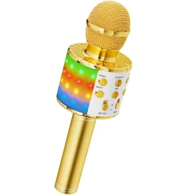 Image of Ankuka Karaoke Wireless Microphone, 4 in 1 Handheld Bluetooth Microphones Speaker Machine with Dancing LED Lights, Home KTV Player Compatible Android &amp; iOS Devices, Gold