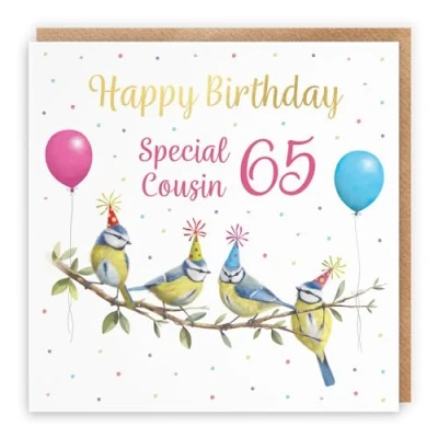 Image of Hunts England 65th Female Cousin Blue Tits Birthday Card Luxury Gold Foil Milo&#039;s Gallery Age 65 Funny For Year Old Sixty Five Her