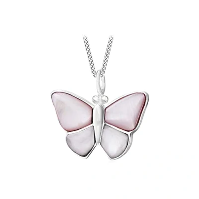 Image of Tuscany Silver Women&#039;s Sterling Pink and White Mother of Pearl Butterfly on Curb Chain 46cm/18&quot;