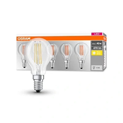 Image of Osram LED Base Classic P Lamp, Socket: E14 Warm White 2700K 4W 40W Incandescent Replacement, Clear, Pack of 5