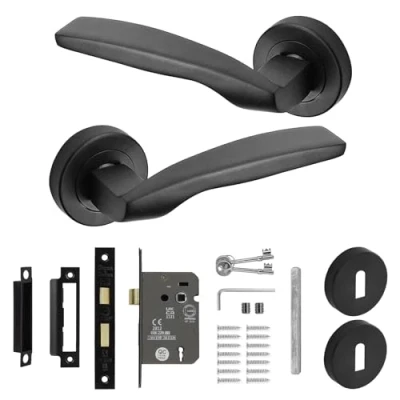 Image of Decoranddecor Solitude Matt Black Door Lever Handles On 54mm Rose Aluminium Curved Design (Sash Lock Kit)
