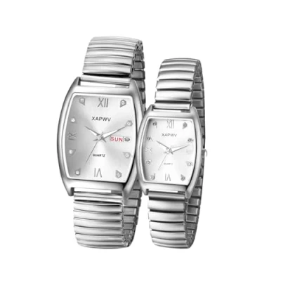 Image of JewelryWe Rectangular Elastic Couple Watches: Analog Quartz Movement Calendar Exquisite Fashion Watch Stainless Steel Strap for Men/Women Valentine&#039;s Day