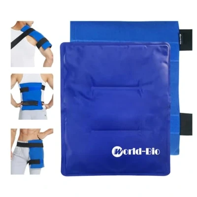 Image of WORLD BIO Large Gel Ice Pack &amp; Wrap for Injuries Reusable, Hot Cold Therapy Swelling, Bruises, Pain Relief Hip Surgery, Knee Injuries, Back Pain, Shoulder Aches 11&quot; x 14&quot; Blue