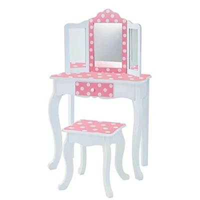 Image of Fantasy Fields Gisele Girls Dressing Table with Mirror and Stool, Kids Vanity Table, Age 3 Years+, Tri Fold Mirror, Pink Polka Dot