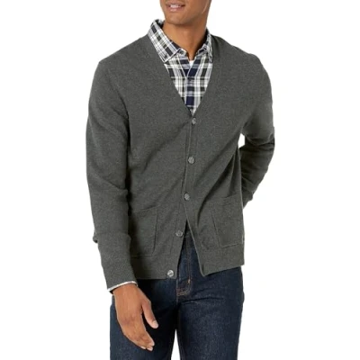 Image of Amazon Essentials Men&#039;s Cotton Cardigan Jumper, Charcoal Heather, S