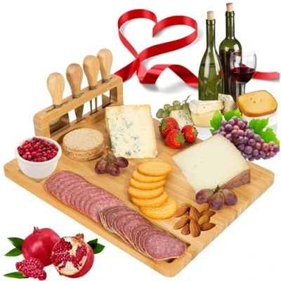 Image of Giggi Bamboo Cheese board Gift set with 4 Piece knives Charcuterie and knife for Birthday Gifts Parties Perfect