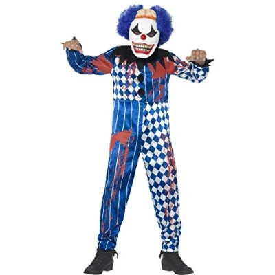 Image of Smiffys Deluxe Sinister Clown Costume, Blue with Jumpsuit, EVA Mask, Attached Brain &amp; Hair, Halloween Child Fancy Dress, Dress Up Costumes