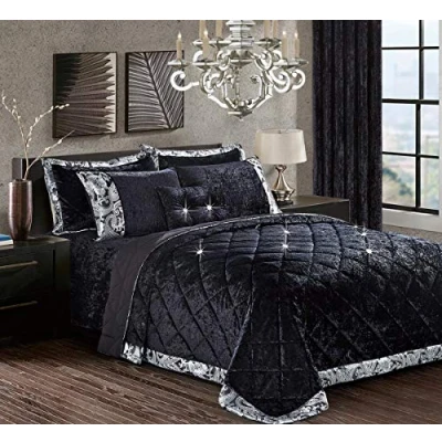 Image of swift 3 Piece Quilted Bedspread/Bed Throw with Pillow Shams Luxury Premium Quality Crushed Velvet (Black, Super King)