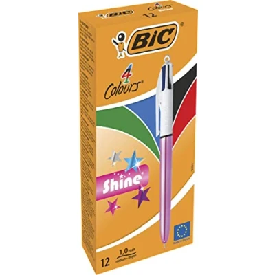 Image of BIC 4 Colours Shine Ballpoint Pens Box of 12 Metallic Pink Body with Ink (Blue, Black, Red, Green)