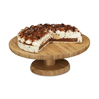 Image of Relaxdays Round Cake Stand, 33 cm, Bamboo, with Pedestal Foot, Size: ca 11.5 x Natural Brown